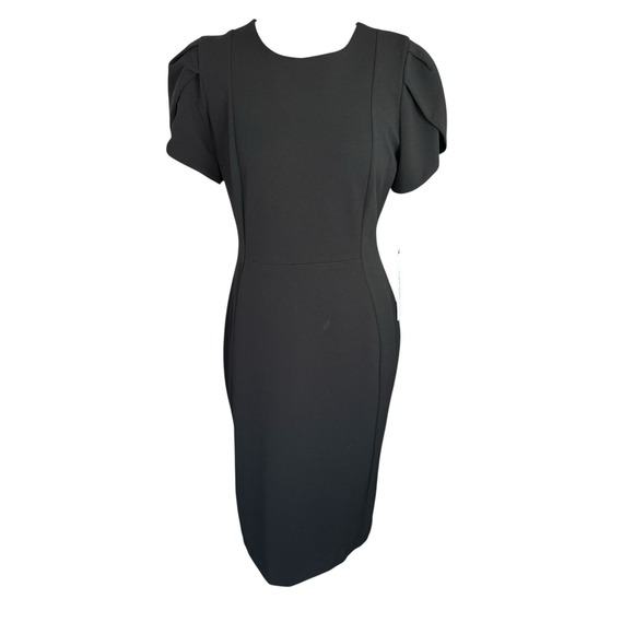 NEW CALVIN KLEIN TULIP SLIT SHORT SLEEVE ROUND NECK BLACK SHEATH DRESS SIZE 6 - Picture 1 of 10